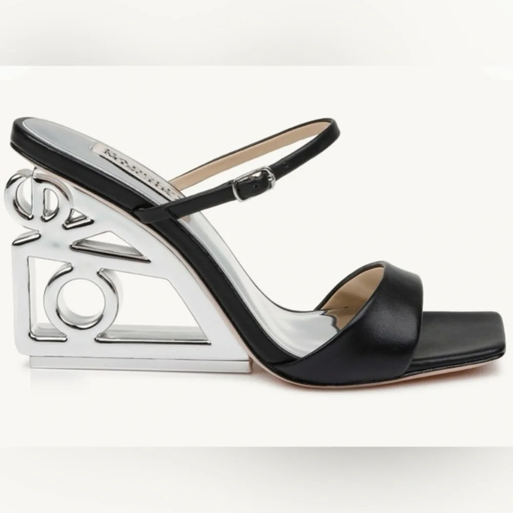 Badgley Mischka Women Sz 7.5 Luna Black Leather Mule Heels With Sculptural Wedge